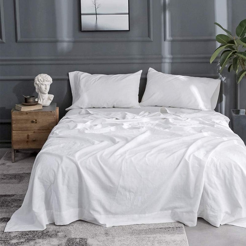 Simple&Opulence Belgian Linen Sheet Set Solid Color - 4 Pieces (1 Flat Sheet, 1 Fitted Sheet & 2 Pillowcases) Natural Flax Cotton Blend Soft Breathable Farmhouse Bedding - Full Size, White - Image 1